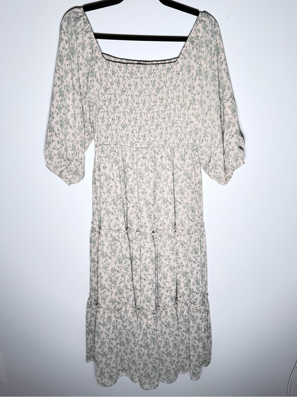 Mikarose Cream Midi Dress with Green Floral Pattern Puff Sleeves M